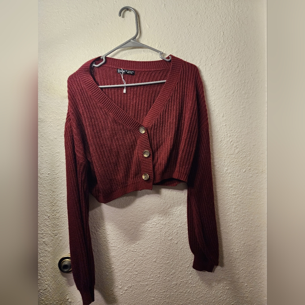 Burgundy Cropped Cardigan with Buttons